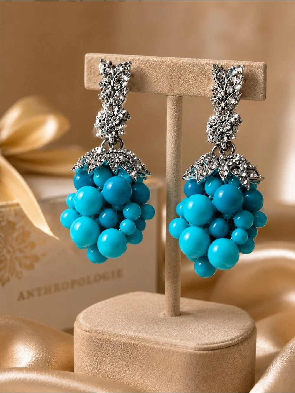 Turquoise Bead Cluster Drop Earrings - Picture 3 of 6